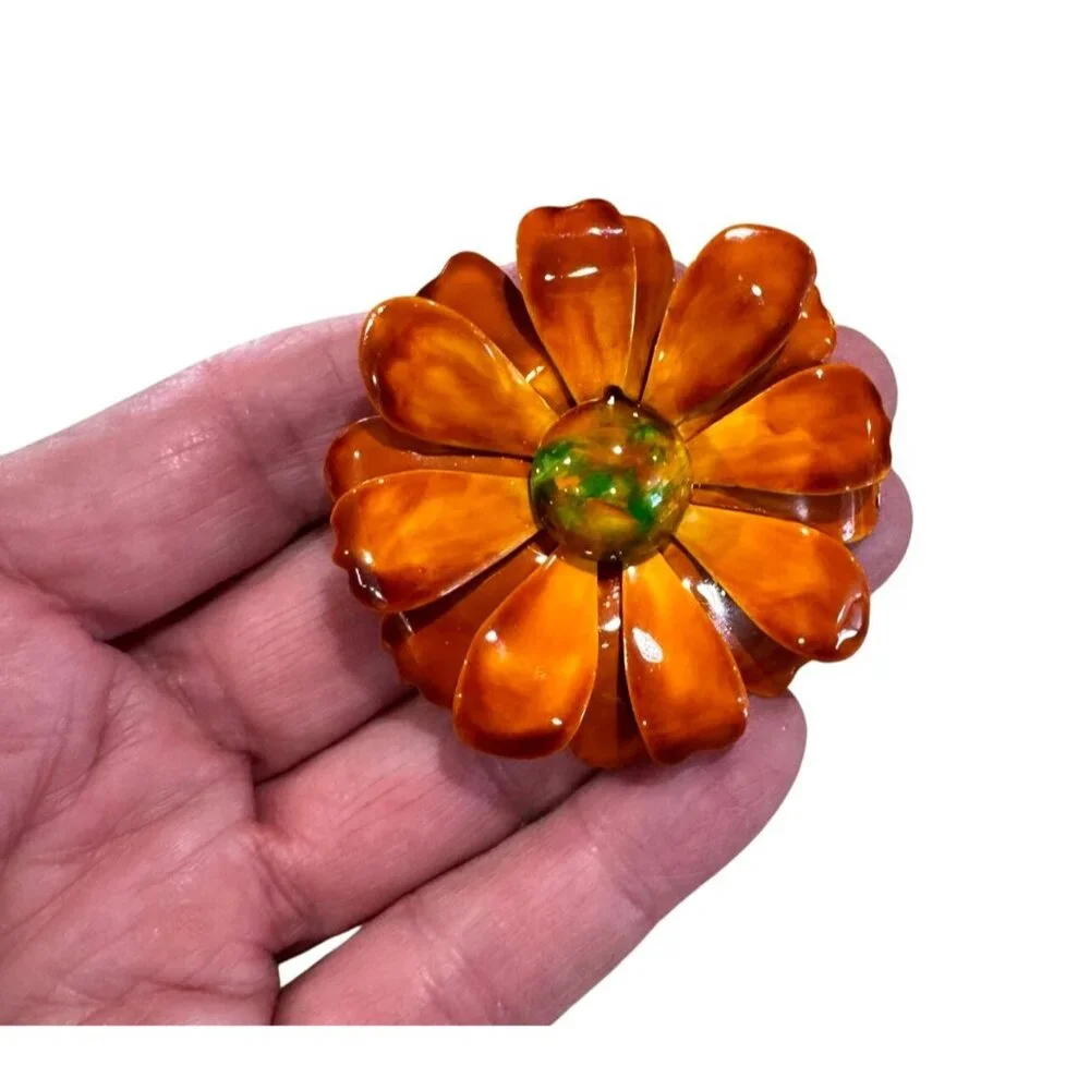Vintage 1960 Robert Original Orange Enamel Flower Brooch Retro Statement Jewelry - Picture 2 of 5